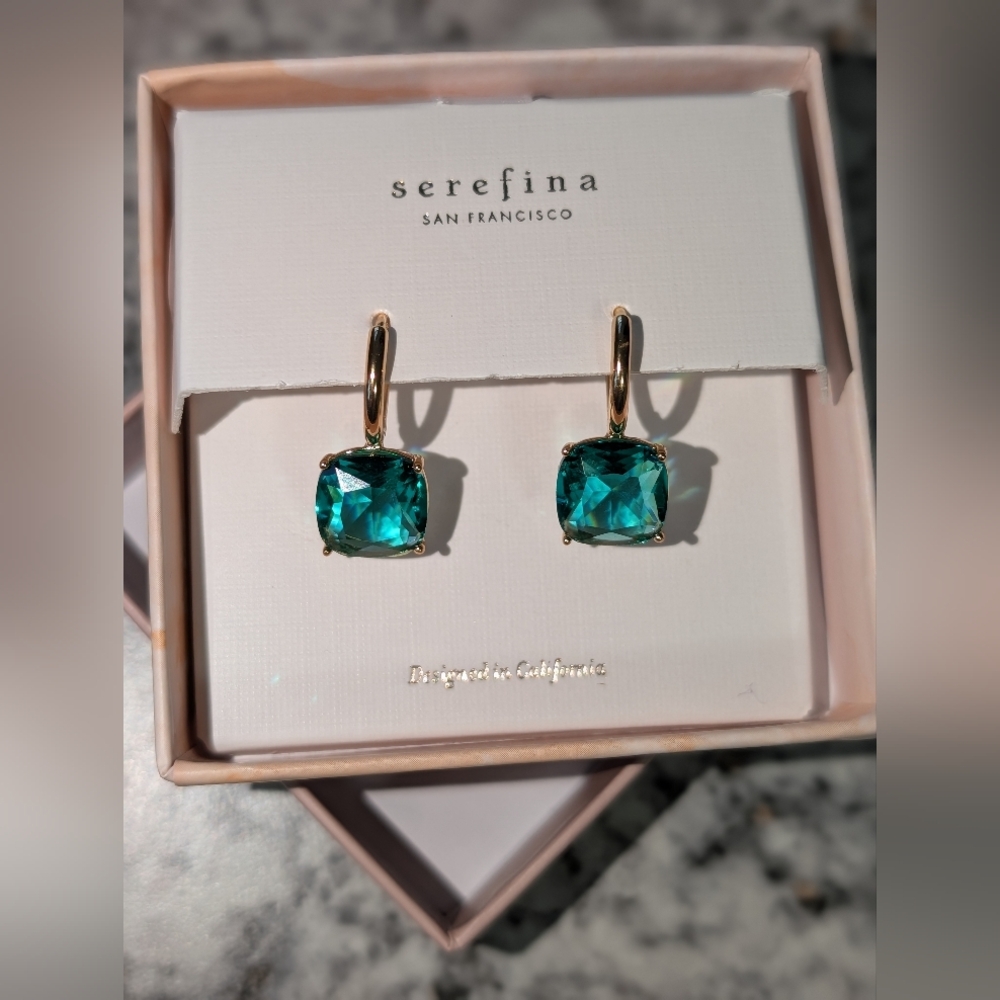 Serefina Golden Brass and Teal Stone Earrings - Picture 3 of 4